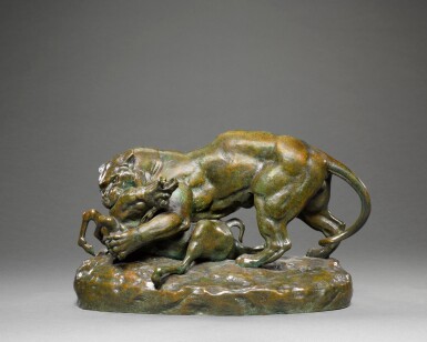 View full screen - View 1 of Lot 47. Tigre surprenant une antilope (Tiger Attacking an Antelope on shaped base).