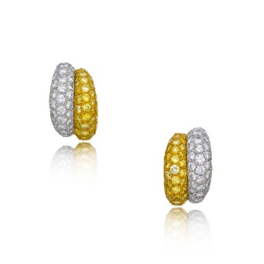 View full screen - View 1 of Lot 421. Pair of Diamond and Colored Diamond Earclips.