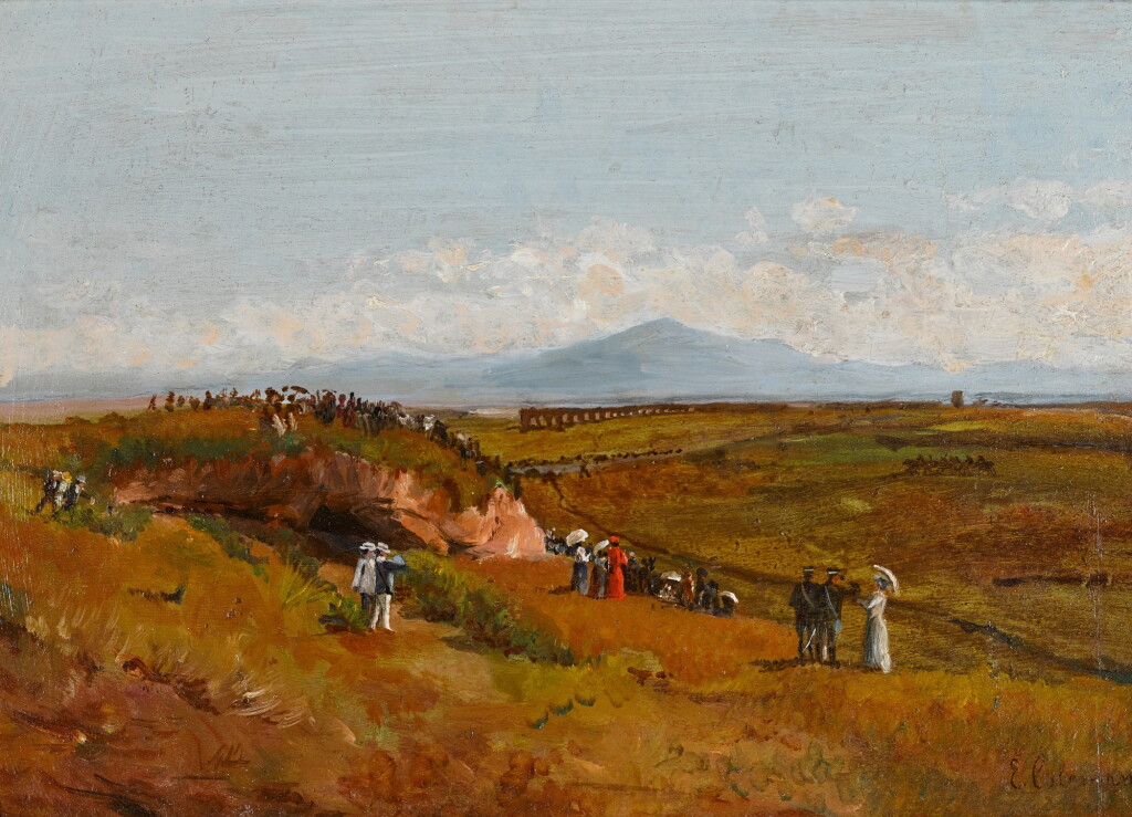 View full screen - View 1 of Lot 373. A Roman landscape with figures and an aqueduct in the distance.
