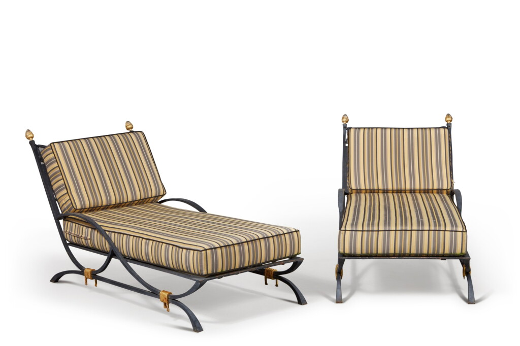 View full screen - View 1 of Lot 189. A Pair Grey/Black Painted and Parcel Gilt Wrought Iron Deck Chairs, Supplied by JP Molyneux Studio Ltd.