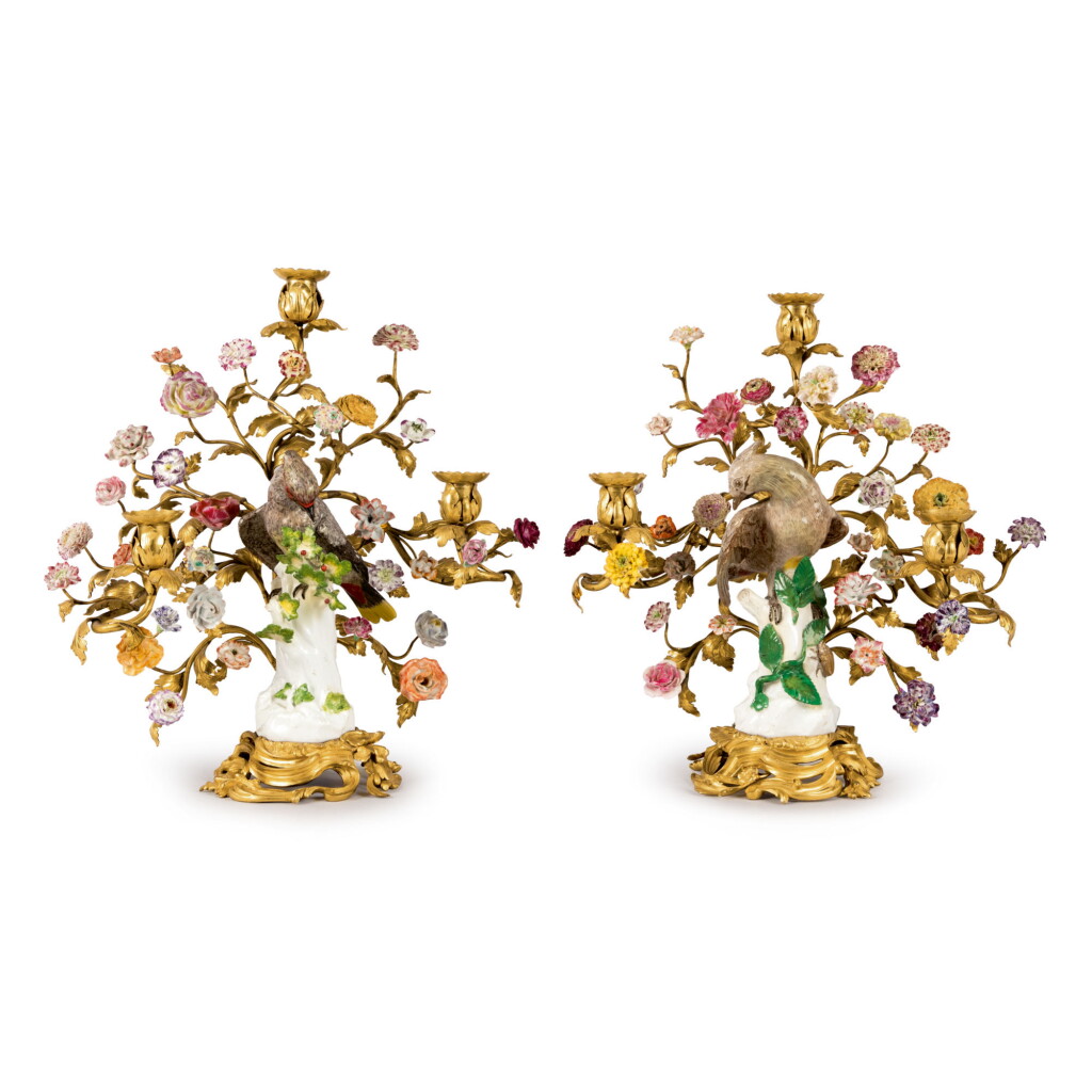 View full screen - View 1 of Lot 157. A PAIR OF LOUIS XV GILT BRONZE AND MEISSEN PORCELAIN THREE-BRANCH CANDELABRA, THE PORCELAIN CIRCA 1755.