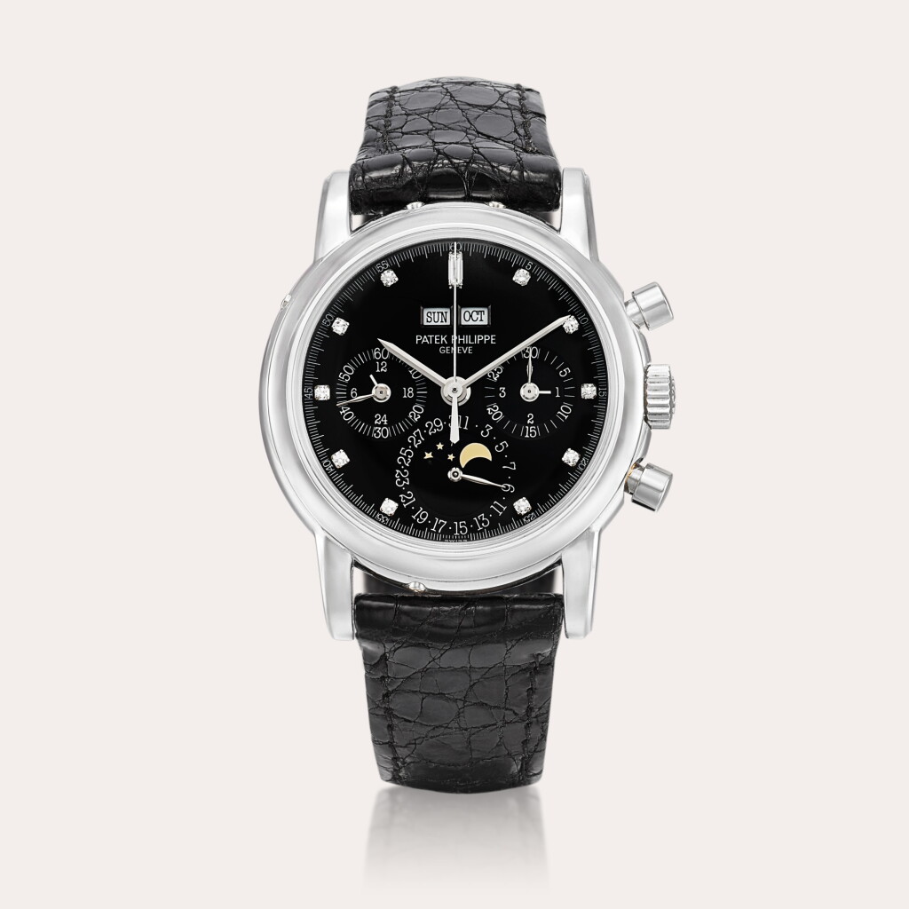 View full screen - View 1 of Lot 2278. Reference 3970E, 3rd Series | A platinum and diamond-set perpetual calendar chronograph wristwatch with moon phases, 24 hours and leap year indication, Circa 1992.