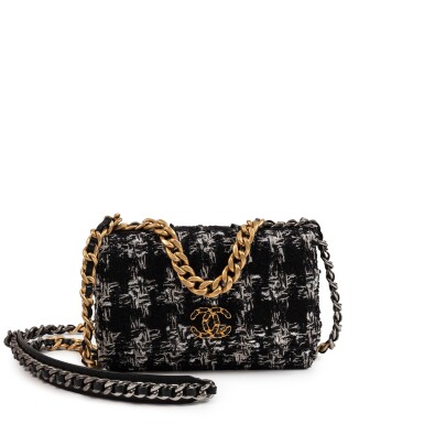 View full screen - View 1 of Lot 642. Black and Silver Houndstooth Tweed Chanel 19 Wallet on Chain Gold Ruthenium, Brushed Gold and Silver Hardware, 2020.