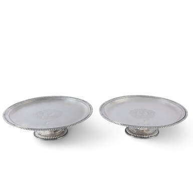 View full screen - View 1 of Lot 576. A Pair of William and Mary Silver Salvers on Foot, Benjamin Bathurst, London, 1694.