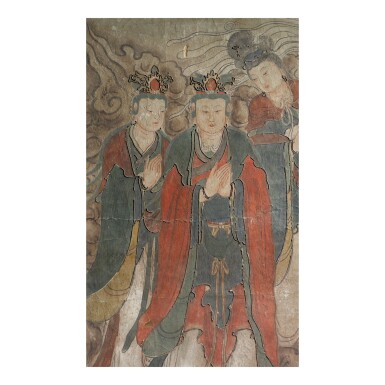 View full screen - View 1 of Lot 246. A polychrome stucco fresco fragment, Yuan / Ming dynasty | 元 / 明 灰泥彩繪天女圖壁畫殘部.