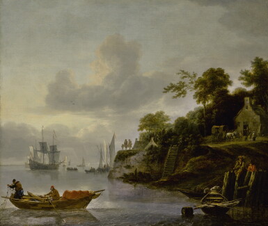 View full screen - View 1 of Lot 257. LIEVE PIETERSZ. VERSCHUIER | A RIVER ESTUARY WITH FISHERMAN CASTING THEIR NETS AND A COTTAGE AND HORSES BEYOND.