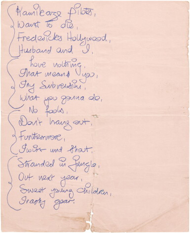 View full screen - View 1 of Lot 20. Sid Vicious | Kamikaze Pilots, handwritten song lyrics, c. 1976.