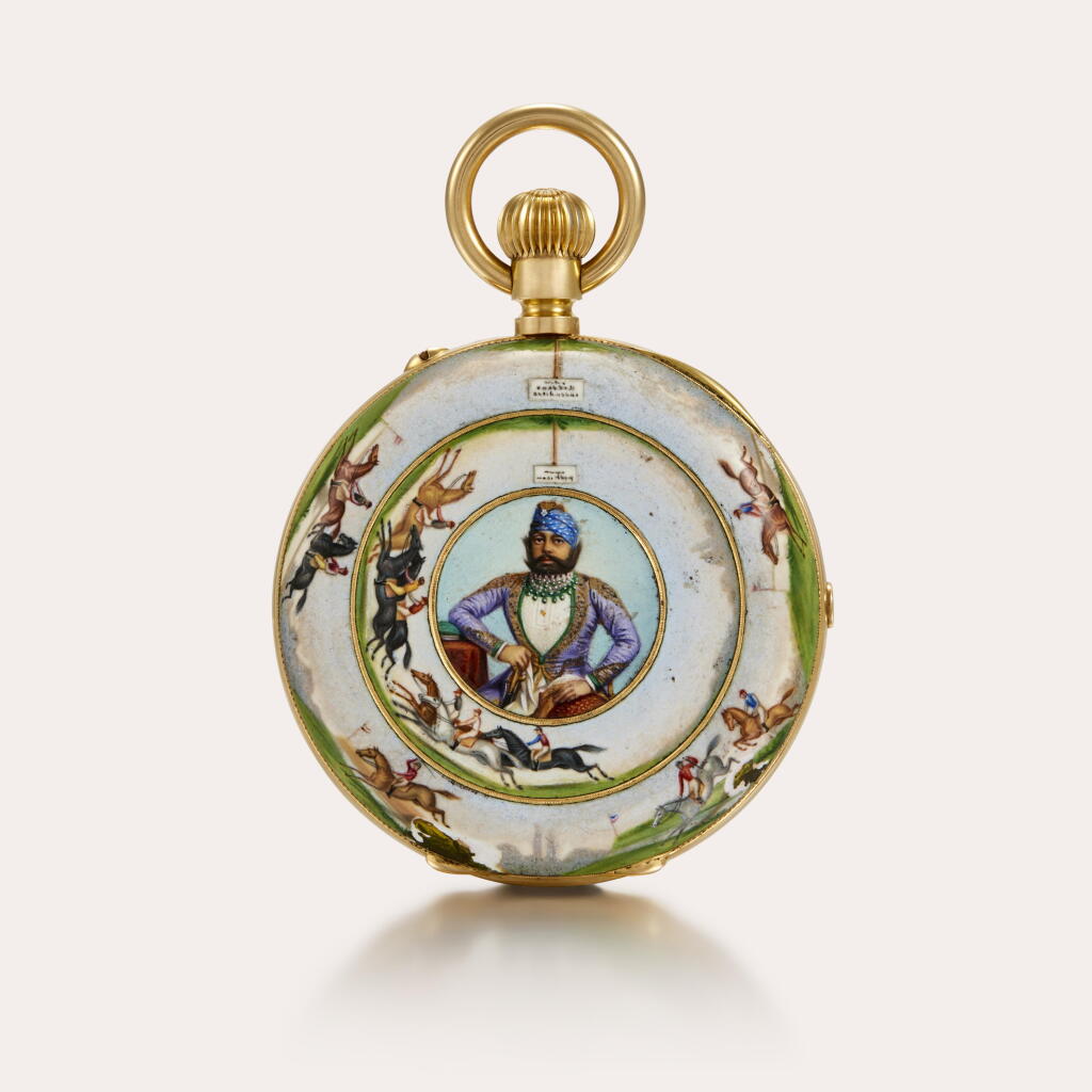 View full screen - View 1 of Lot 179. A very fine and rare gold and polychrome enamel painted triple calendar chronograph watch made for Jaswant Singh II, Maharajah of Jodhpur, Circa 1890.