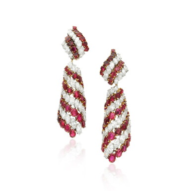 View full screen - View 1 of Lot 280. Ruby and diamond ear clips.