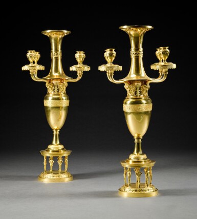 View full screen - View 1 of Lot 41. A pair of Russian neoclassical gilt-bronze four-light candelabra, circa 1800.