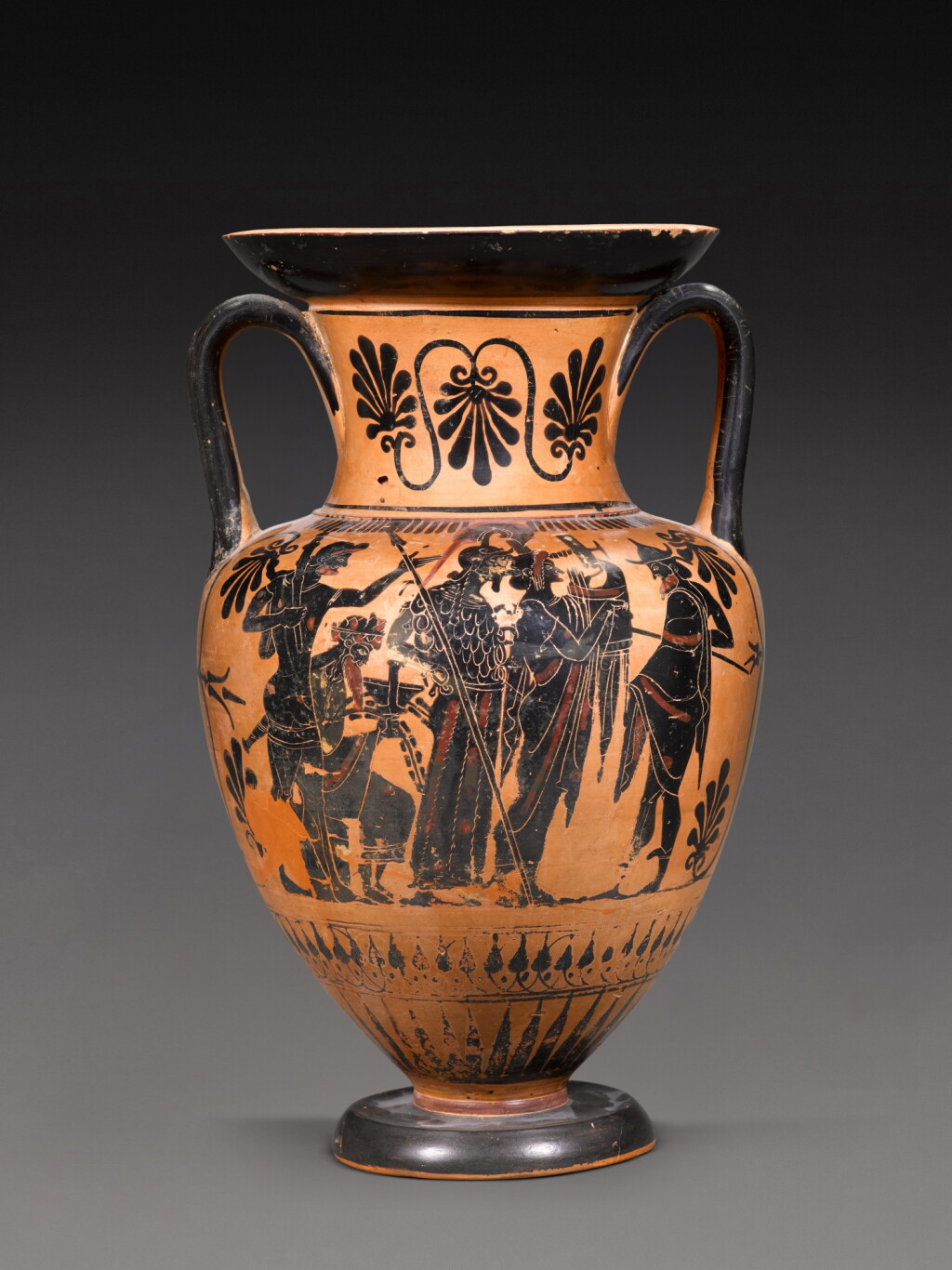 View full screen - View 1 of Lot 142. An Attic Black-figured Neck Amphora, attributed to the Edinburgh Painter, circa 500-490 B.C..