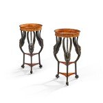 Paire de guéridons en bois peint à l’imitation du bronze, placage d’acajou, acajou flammé et bronze doré, d’époque Consulat, vers 1800