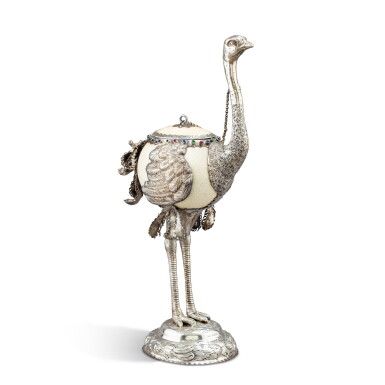 View full screen - View 1 of Lot 209. A silver-mounted ostrich egg cup and cover, probably Germany, circa 1890, with London import marks for 1903.