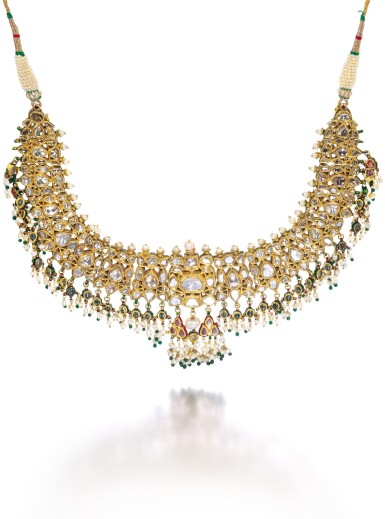 View full screen - View 1 of Lot 240. A DIAMOND-SET AND ENAMELLED NECKLACE WITH SEED-PEARL AND GEM-SET FRINGE, NORTH INDIA, 19TH CENTURY.