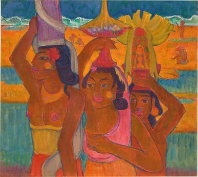 View full screen - View 1 of Lot 151. Theo Meier 西奧·邁爾 | Three Balinese maidens with offerings 三位巴厘島女子與貢品.