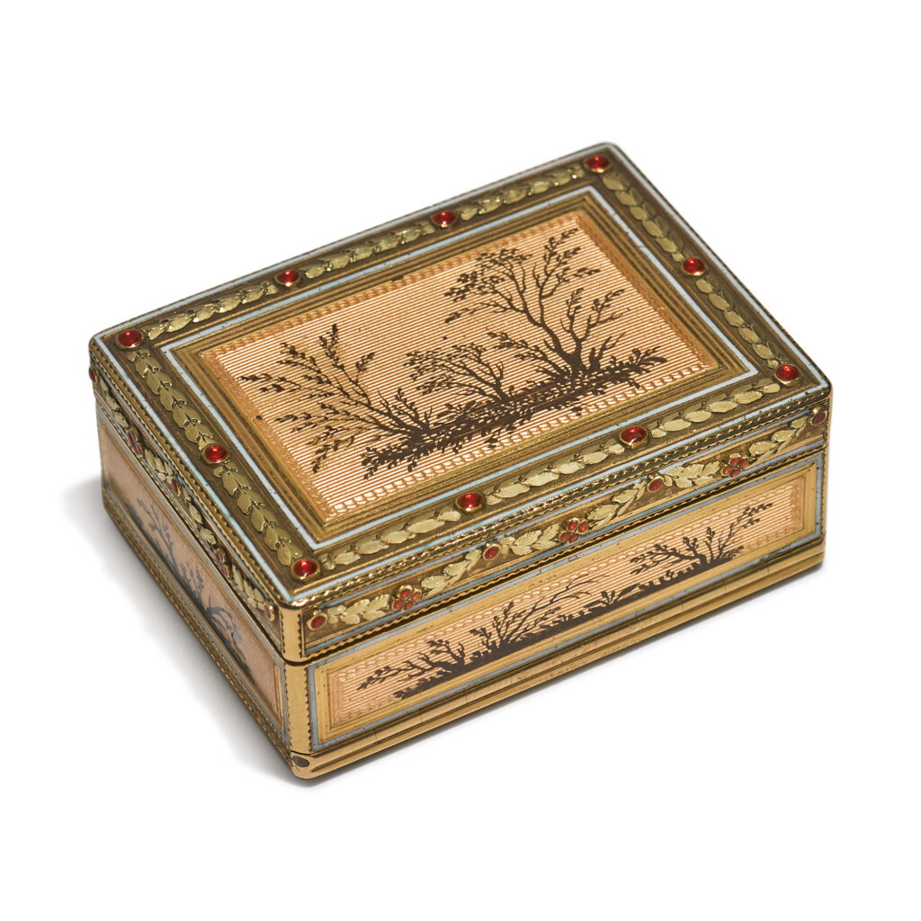 View full screen - View 1 of Lot 692. A LOUIS XVI ENAMELED GOLD BOÎTE À MOUCHES ET À ROUGE, CHARLES LE BASTIER, PARIS, 1777.