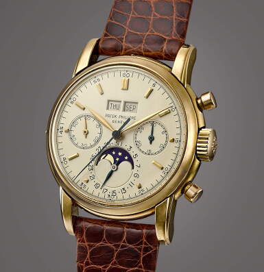 View full screen - View 1 of Lot 2026. Reference 2499, 3rd Series | A yellow gold perpetual calendar chronograph wristwatch with moon phases, Made in 1965 | 百達翡麗 | 型號2499 3rd Series | 黃金萬年曆計時腕錶,備月相顯示,1965年製.