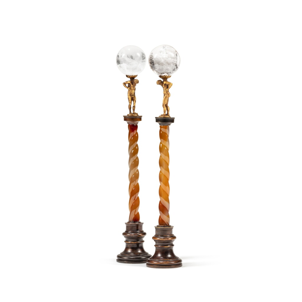 View full screen - View 1 of Lot 14. A pair of patinated and gilt-bronze, metal, agate and rock crystal fluted columns.