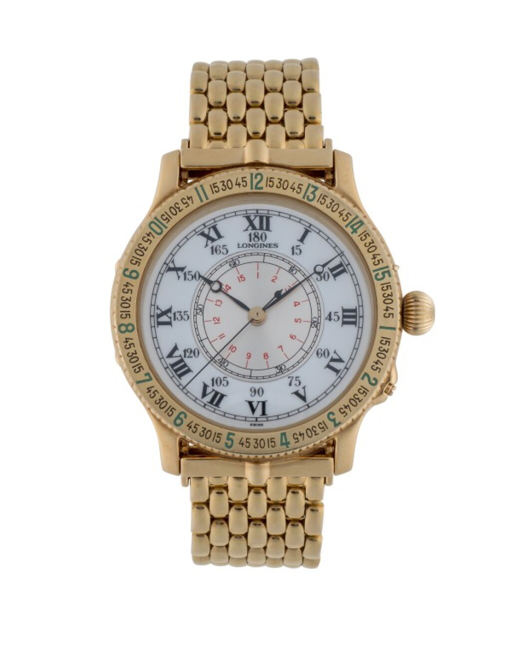 View full screen - View 1 of Lot 90. LONGINES | LINDBERGH HOUR ANGLE WATCH, REF 989.5216 YELLOW GOLD AVIATOR'S WRISTWATCH WITH BRACELET CIRCA 1987.