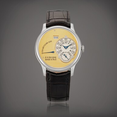 View full screen - View 1 of Lot 2127. Octa Réserve de Marche | An early platinum wristwatch with date, power reserve indication and brass movement, Circa 2001 | F. P. Journe | OCTA RÉSERVE DE MARCHE | 早期鉑金腕錶,備日期、動力儲備顯示及銅製機芯,約2001年製.