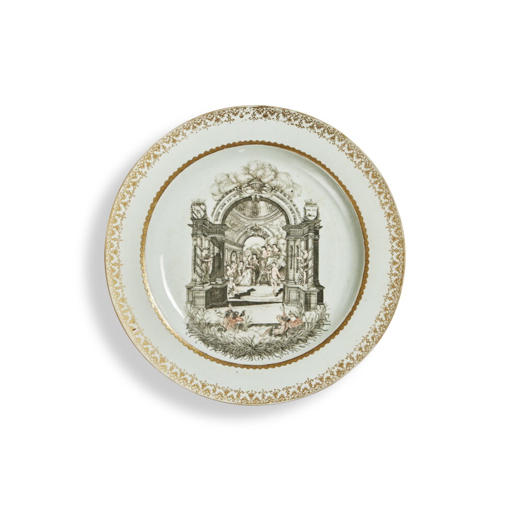 View full screen - View 1 of Lot 680. A Large Chinese Export Grisaille-Decorated ‘Marriage' Plate, Qing Dynasty, Qianlong Period, circa 1740.