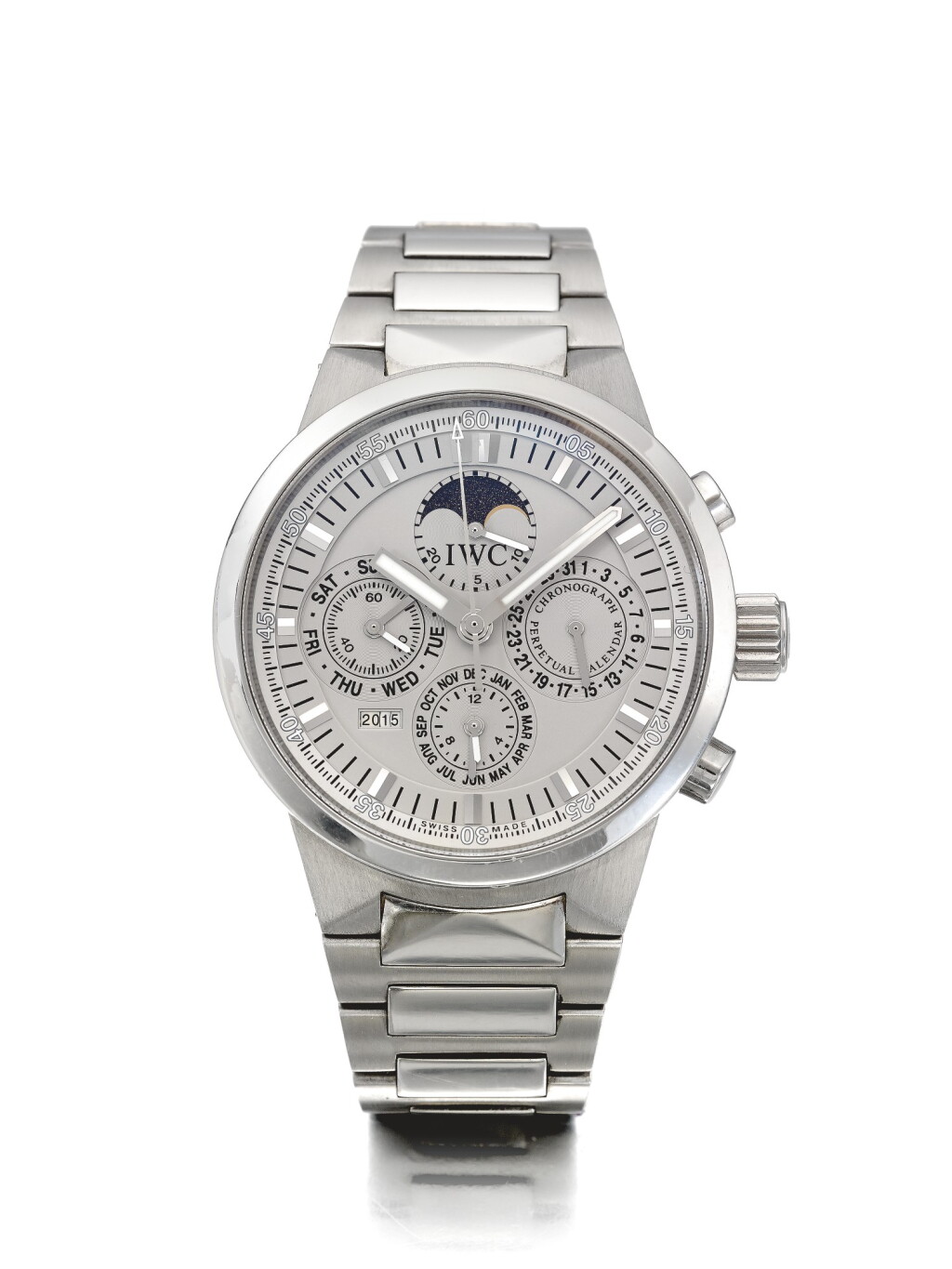 View full screen - View 1 of Lot 97. IWC | GST PERPETUAL CALENDAR A STAINLESS STEEL AUTOMATIC PERPETUAL CALENDAR WRISTWATCH WITH MOON PHASES, REGISTERS AND BRACELET CIRCA 2000.