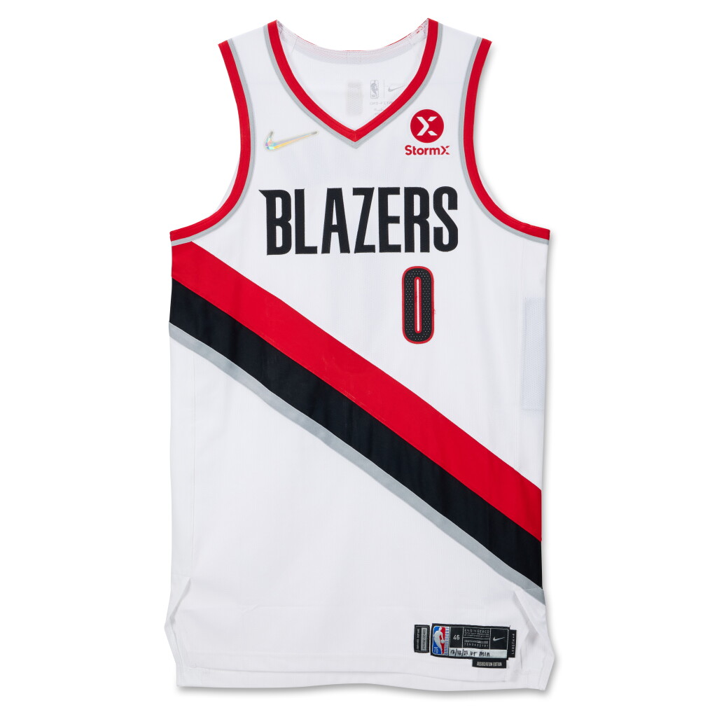 View full screen - View 1 of Lot 30. Damian Lillard Portland Trail Blazers 2021-2022 Game Worn Home Jersey.