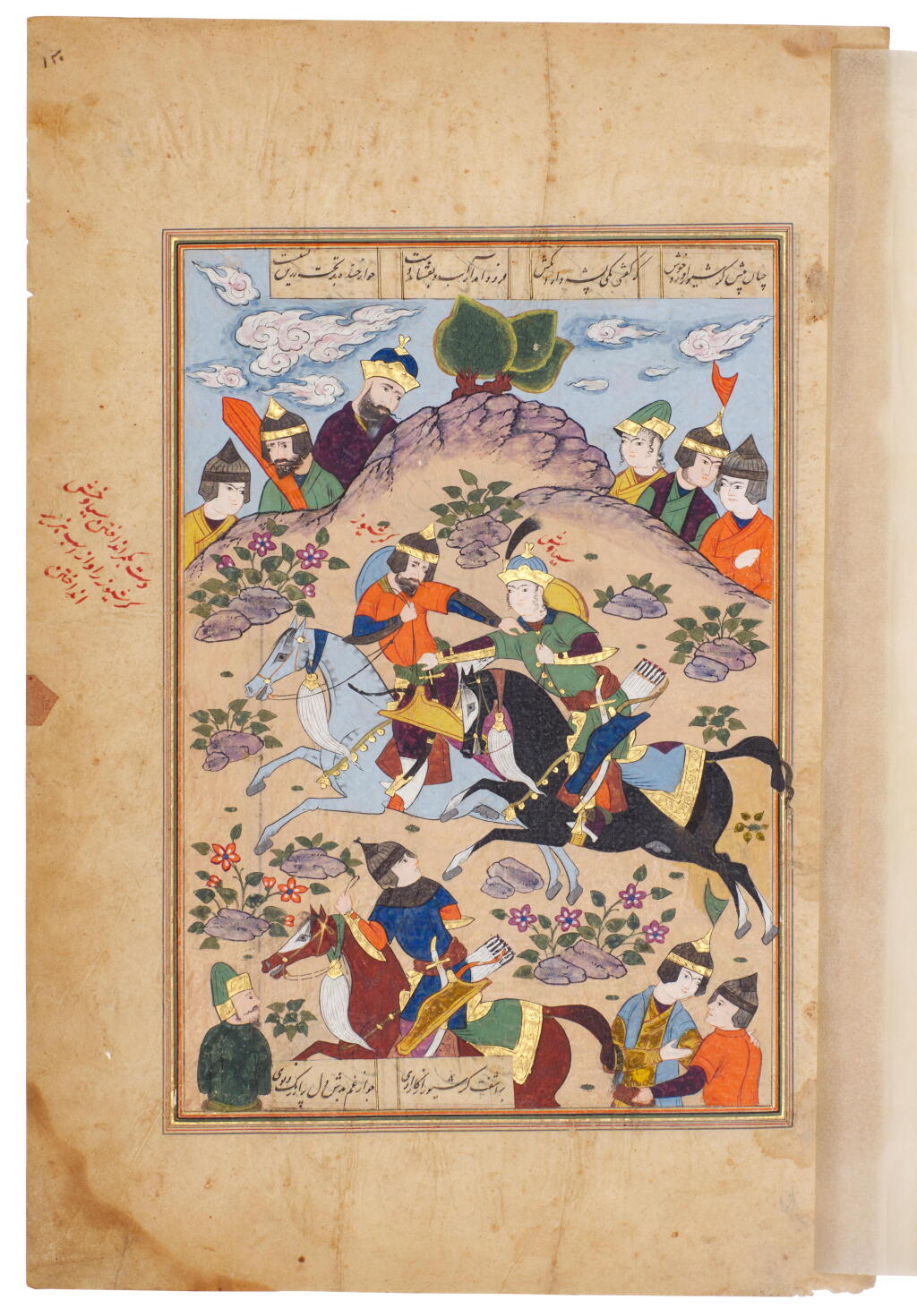 View full screen - View 1 of Lot 552. An illustrated and illuminated leaf from a manuscript of Firdausi's Shahnameh: Siyavush unseating Garsivaz from his horse, Persia, Qazwin, Safavid, last quarter 16th century.