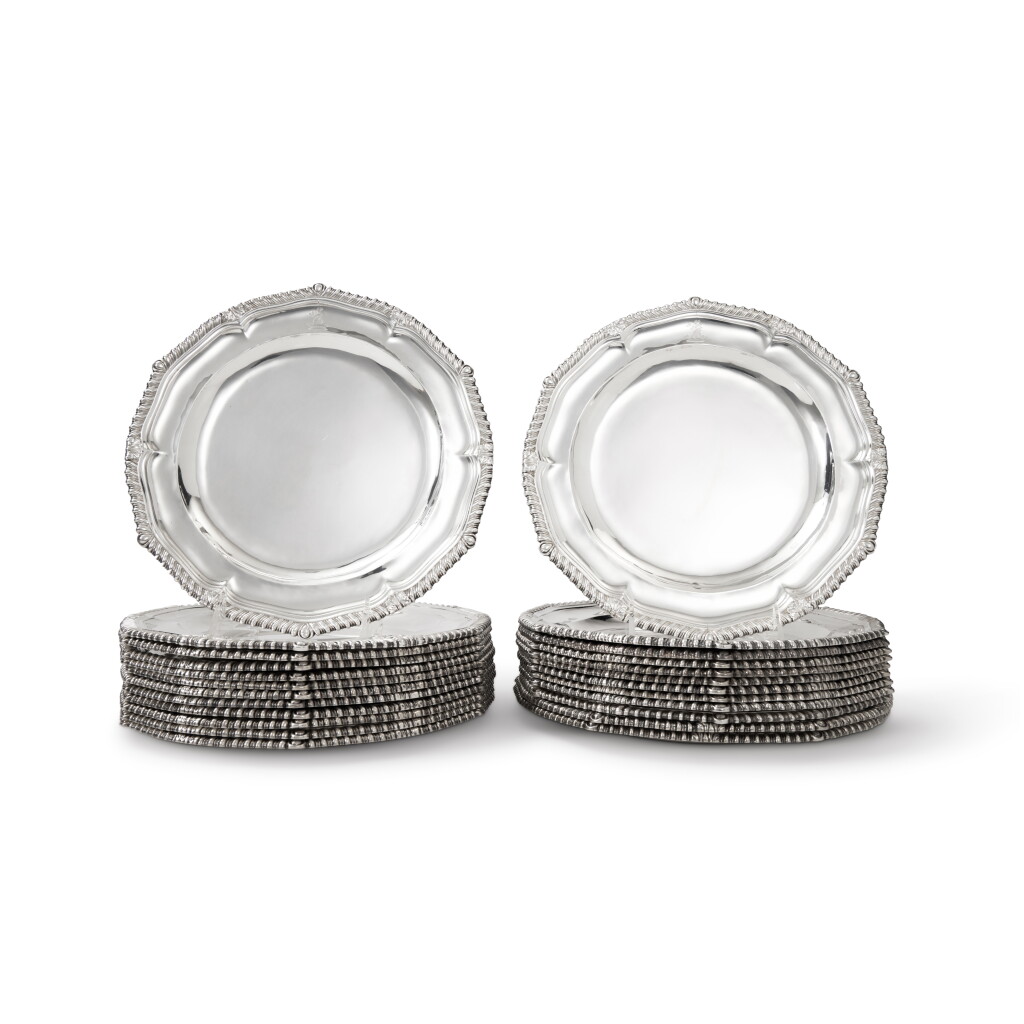View full screen - View 1 of Lot 1118. An Assembled Set of Twenty-Two George III Silver Dinner Plates, Paul Storr, London, 1808 .
