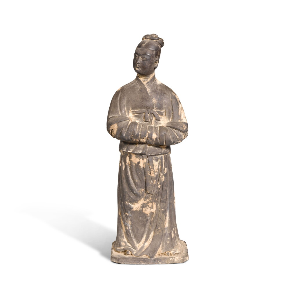 View full screen - View 1 of Lot 883. A grey pottery figure of an official, Yuan dynasty.