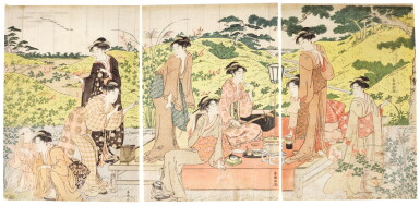 View full screen - View 1 of Lot 2. KATSUKAWA SHUNCHO (ACTIVE 1780-1795) PICNIC IN AUTUMN AT THE HAGIDERA (BUSH-CLOVER TEMPLE), EDO PERIOD (18TH CENTURY).