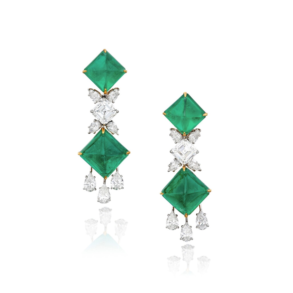 View full screen - View 1 of Lot 34. Magnificent Pair of Emerald and Diamond Pendant-Earclips.