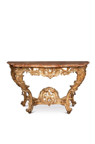 View full screen - View 1 of Lot 39. A Louis XV Giltwood Console, Probably Retailed by Denis Genty, Mid-18th Century.