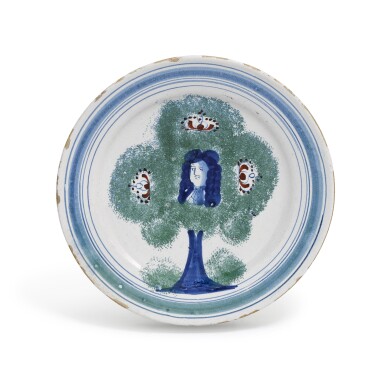 View full screen - View 1 of Lot 36. An English delftware Royal commemorative `Boscobel Oak` plate, London, circa 1715-20.
