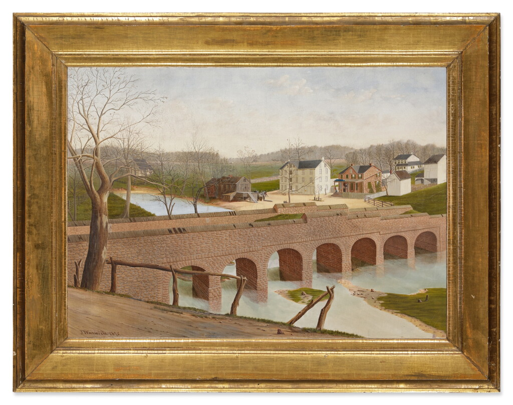 View full screen - View 1 of Lot 323. Arch Bridge Leading to Rural Pennsylvania Town.
