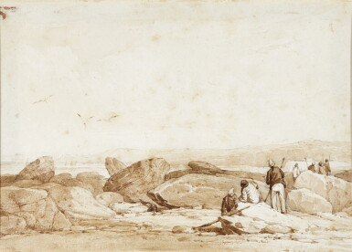 View full screen - View 1 of Lot 227. Figures on a rocky shoreline.