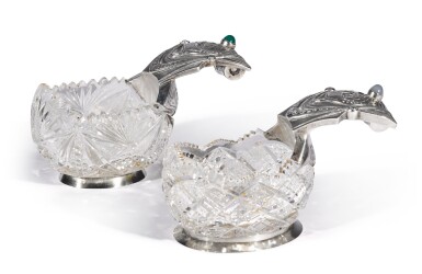 View full screen - View 1 of Lot 100. Two gem-set, silver-gilt and cut-glass kovshi, Ivan Khlebnikov, Moscow, 1908-1917.