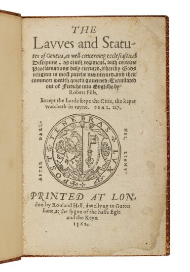 View full screen - View 1 of Lot 1076. Fills, Robert (translator) | An exceedingly rare volume from the printer of the first Genevan Bible.