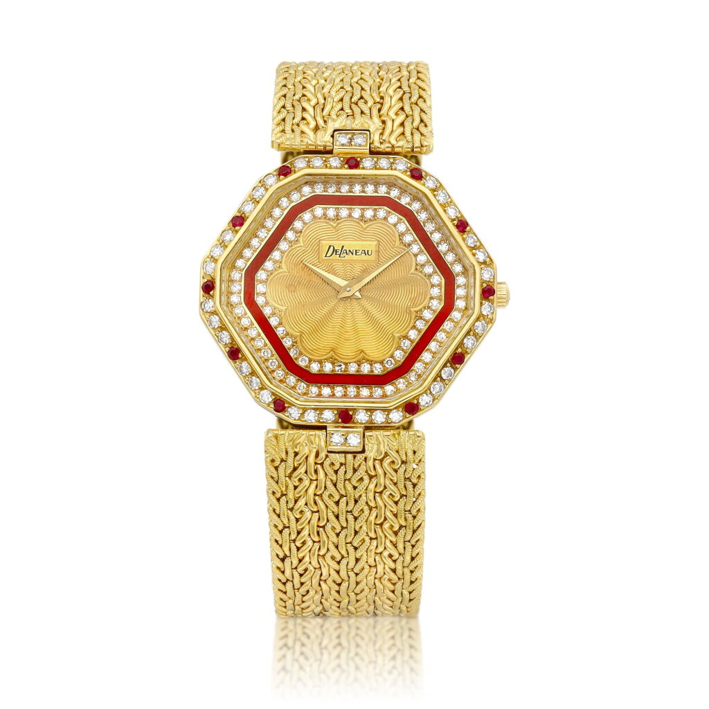 View full screen - View 1 of Lot 8642. A yellow gold, diamond, red enamel and ruby-set bracelet watch, Circa 1990 | 黃金鑲鑽石、紅色琺瑯及紅寶石鏈帶腕錶,約1990年製.