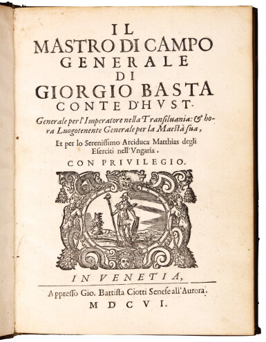 View full screen - View 1 of Lot 30. Basta, Il mastro di campo generale, Venice, 1606, contemporary calf with arms of De Thou.