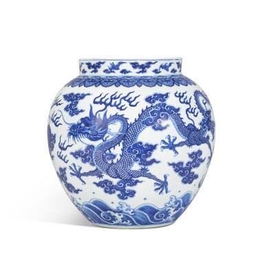 View full screen - View 1 of Lot 16. A fine blue and white 'dragon' ovoid jar, Qing dynasty, Jiaqing / Daoguang period.