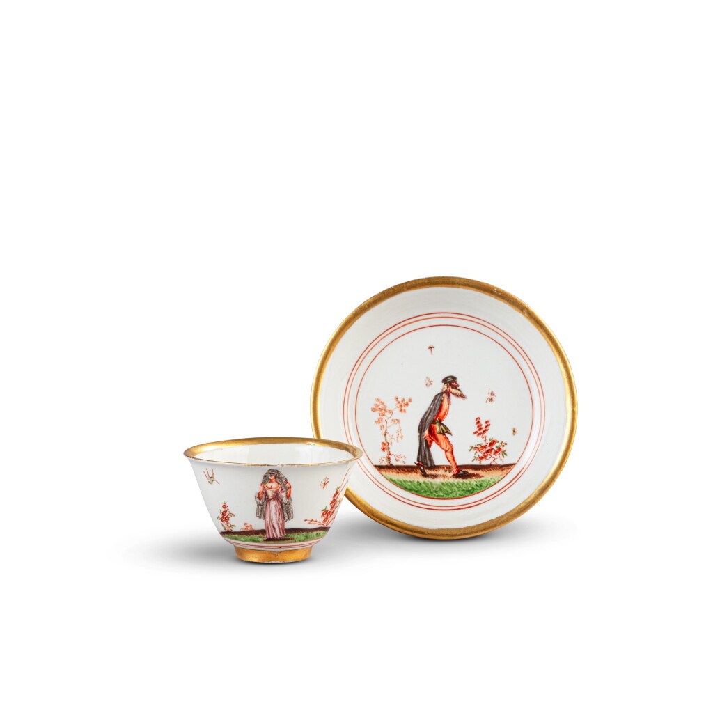 View full screen - View 1 of Lot 210. A very rare Meissen porcelain Commedia dell'Arte subject teabowl and saucer, circa 1722-23.