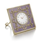 A Fabergé silver and guilloché enamel desk clock, workmaster Michael Perkhin, St Petersburg, circa 1890