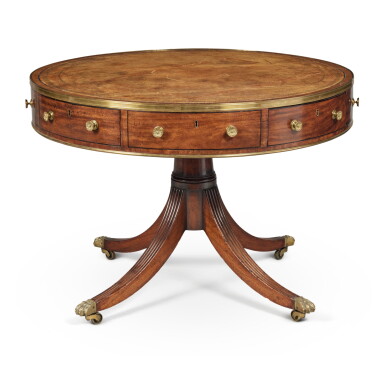 View full screen - View 1 of Lot 145. A Regency Brass-Mounted Mahogany and Ebony Strung Drum Table, Circa 1805 .