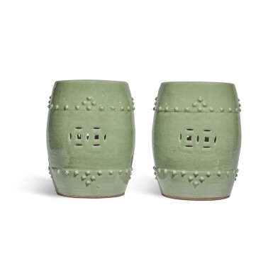 View full screen - View 1 of Lot 55. A pair of carved celadon-glazed 'lotus' garden seats, 19th / 20th century.
