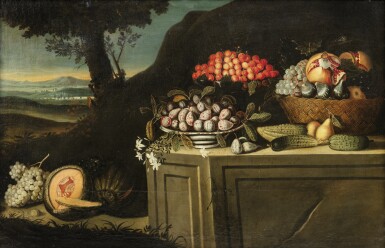 View full screen - View 1 of Lot 46. SPANISH SCHOOL, 17TH CENTURY | STILL-LIFE WITH PRUNES, FIGS AND CHERRIES; STILL-LIFE WITH FRUIT IN A LANDSCAPE.
