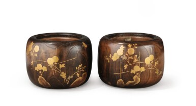 View full screen - View 1 of Lot 101. TWO LACQUER HIBACHI (CHARCOAL BURNERS) | PAIRE D'HIBACHI EN BOIS.