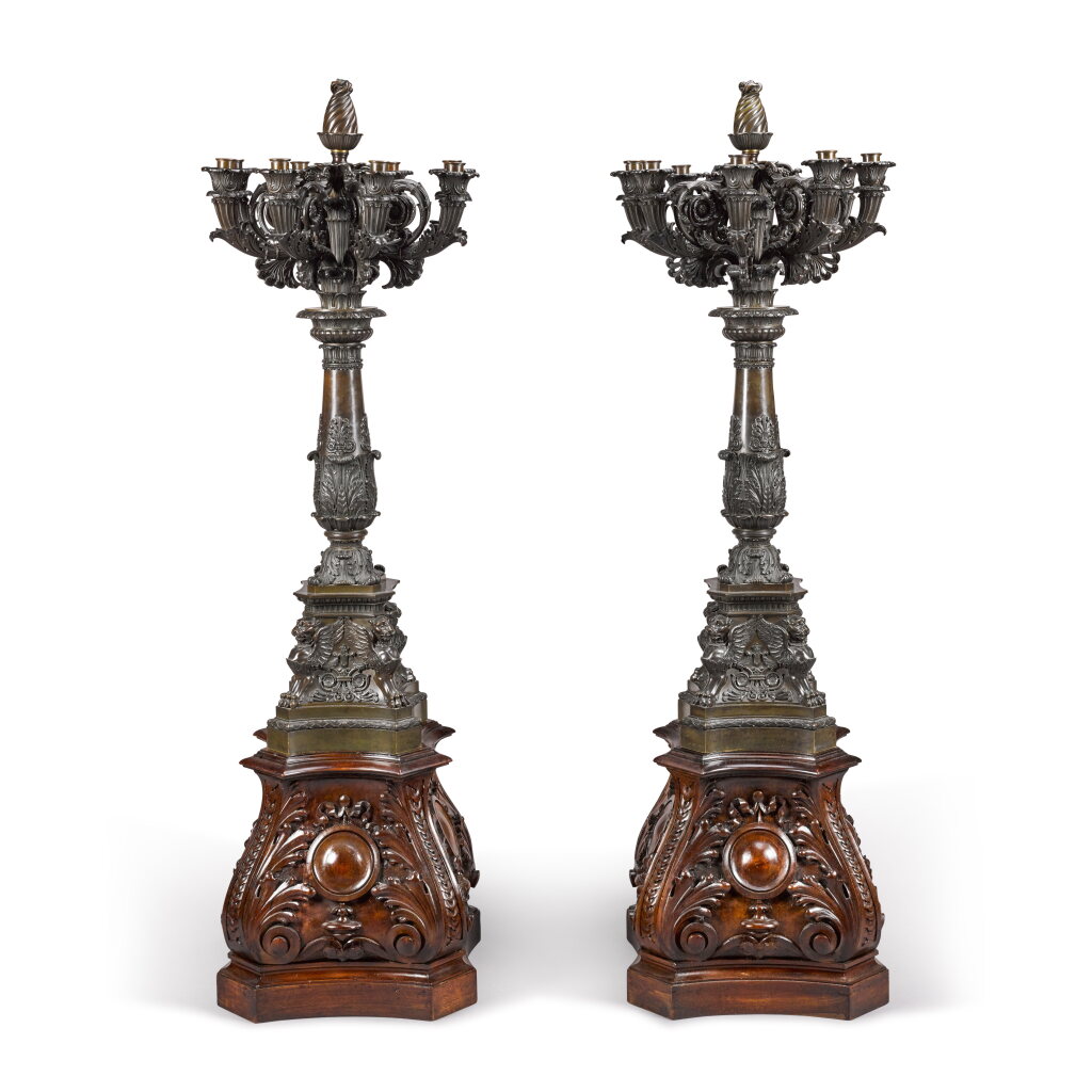 View full screen - View 1 of Lot 84. A pair of large Louis Philippe patinated bronze eight-light candelabra, circa 1832, attributed to Jean-François Denière.