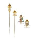 Pair of ruby, emerald and diamond presentation dress studs and two presentation tie pins, circa 1900