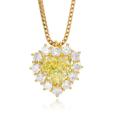 View full screen - View 1 of Lot 176. Fancy Intense Yellow diamond and diamond pendant necklace.
